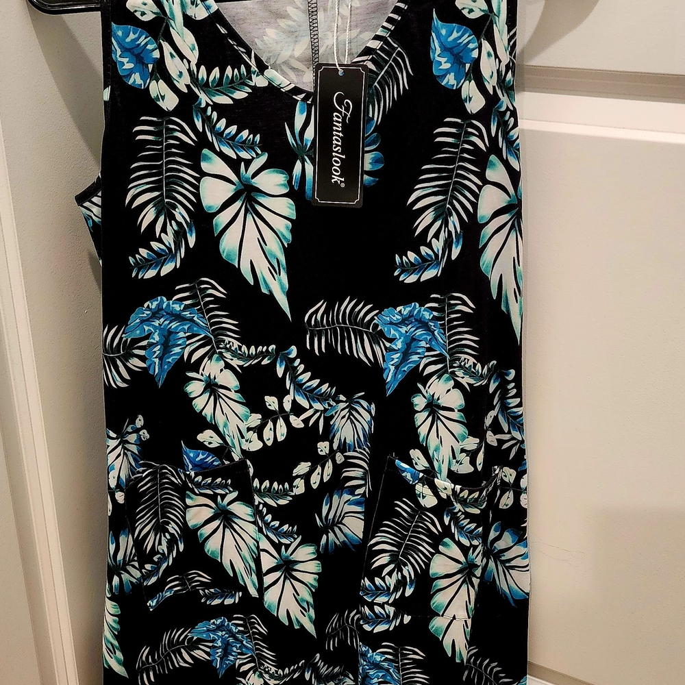 Black Dress with Blue Leaf Print